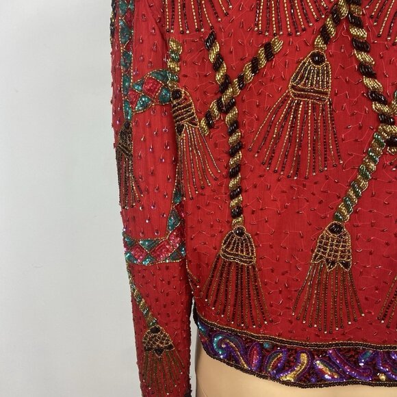 Vintage Laurence Kazar Heavy Beaded Silk Jacket Sz L Formal Tassel Blazer - Picture 11 of 12